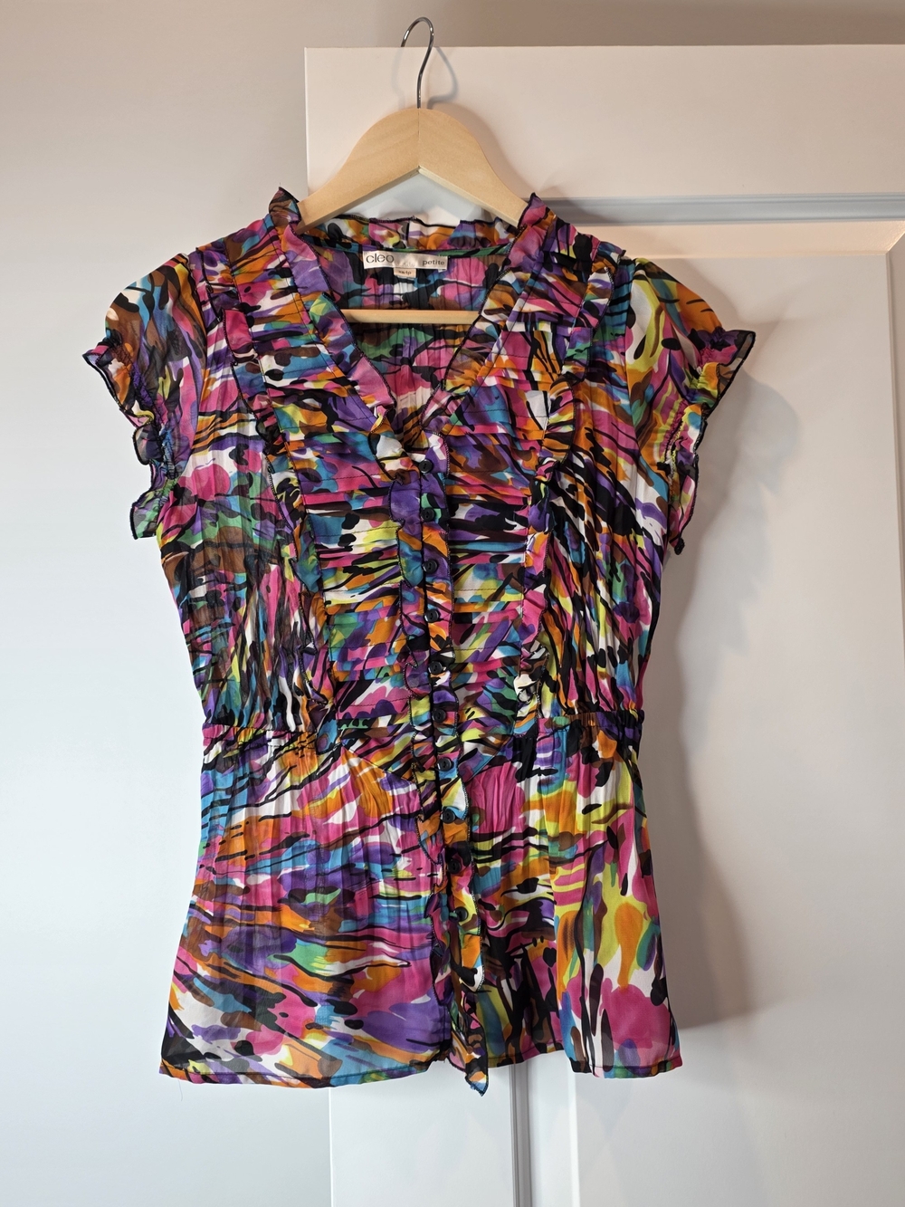 Cleo Multicolor Abstract Ruffle-Sleeve Blouse PETITE SIZE  XS